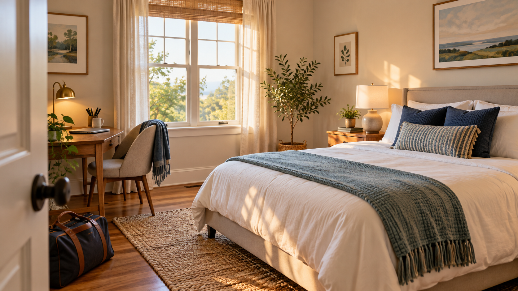 A warm furnished bedroom with a work desk, lamp, and travel bag